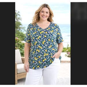 Croft & Barrow 2X Navy Blue Lemon Floral Cotton Classic Tee Short Sleeve Shirt